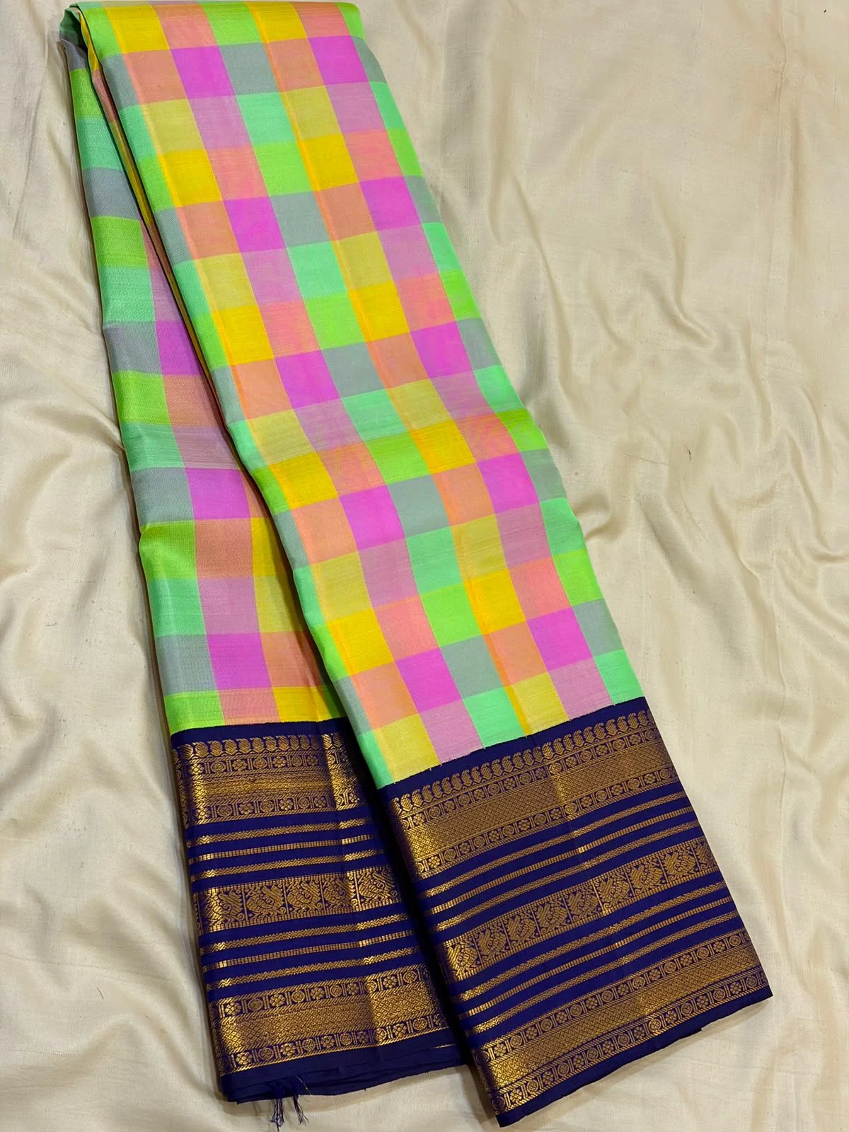 Pastel Kattam Navy Temple Peacock Border Korvai Kanchipuram Silk Saree